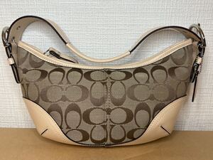 1円スタート COACH コーチ ワンショルダーバッグ シグネチャー ブラウン系 ベージュ キャンバス レザー ハンドバッグ レディース