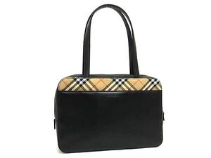 1円 ■美品■ BURBERRY バーバリー レザー×ナイロンキャンバス チェック柄 ハンドバッグ ショルダー ブラック系×ベージュ系 FI5855