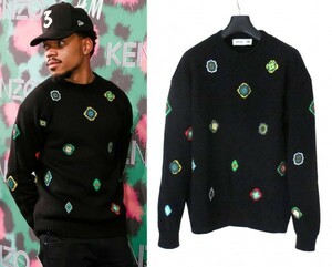 チャンスザラッパー着 KENZO × H&M コラボ アップリケ刺繍 ウール100％ ニット L CHANCE THE RAPPER ブラック ワッペン セーター 別注