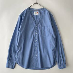 IKIJI size/1 (he) -THOMAS MASON- イキジ ノーカラシャツ 長袖 サイドポケット Vネック ブルー コットン 日本製 SHIRT