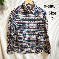 【オシャレ☆X-GIRL】ネル　青　赤　ロゴ入り　柄シャツ　サイズ2