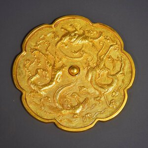 ◆古寳堂◆清 銅製 塗金 神獣紋 銅鏡 置物 賞物 極細工 古置物 古擺件 中国古美術 時代物 古董品