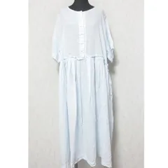 美品 nest Robe ネストローブ リネンタックギャザーワンピース 半袖 ロング フレアドレス 01202-1453 F ライトブルー レディース 古着 中古 USED