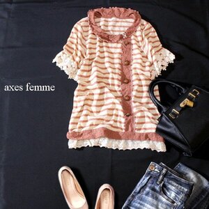 ☆☆ 美品 axes femme アクシーズファム ☆☆ 可愛いレース 飾りボタン コットン ニット プルオーバー M 春 夏 23B06