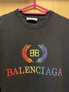 正規 19SS BALENCIAGA バレンシアガ DEMNA GVASALIA デムナ ヴァザリア BB レインボー 虹 ロゴ 刺繍 Tシャツ 黒 S 570813 TEV53