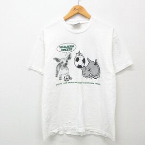 L/古着 リー Lee 半袖 ビンテージ Tシャツ メンズ 90s サッカー 犬 チワワ サイ コットン クルーネック 白 ホワイト 24mar29