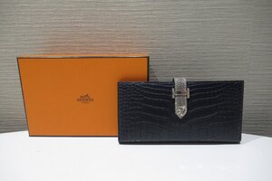 エルメス HERMES ベアン 二つ折り長財布 美品 アリゲーターマット オンブレリザード ネイビー BOX ランクSA BRB・バッグ・財布