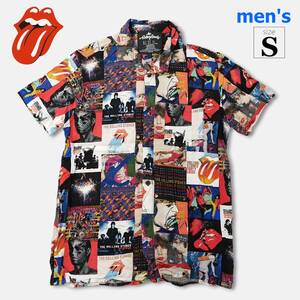 美品！インパクト大【 The Rolling Stones (size S) 】メンズ 半袖シャツ レーヨン100% アロハシャツ 総柄 FOREVER21 ローリングストーンズ