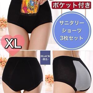 ポケット 付き サニタリー ショーツ 3枚セット XL ブラック 黒　生理 下着 パンツ 産褥 パンツ 防水 大きいサイズ レディース 3組　LL