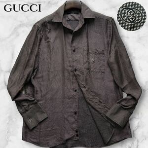 美品/L相当◎グッチ◆高級シルク100%◆GUCCI インターロッキング ロゴ ドット柄 総柄 長袖 シャツ 絹 ブラウン 薄手 メンズ イタリア製 40