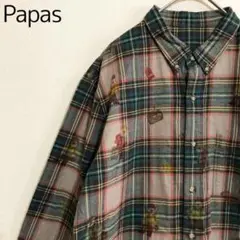 Papas　パパス　クマ　ベア　熊　チェック柄　ボタンダウン　コットンシャツ　M