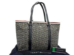 1円 ■美品■ TOMMY HILFIGER トミーヒルフィガー キャンバス ハンドバッグ トート ショルダー メンズ ネイビー系×ベージュ系 FJ3316