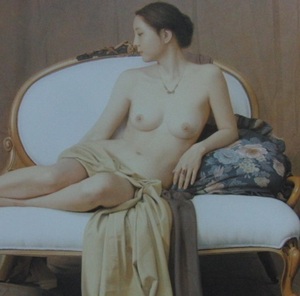 森本草介、「白いソファーの裸婦」、希少画集・額装画、日本製・新品額縁にて額装致します、状態良好、日本人画家