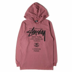 新品同様 STUSSY ステューシー サイズ:M ワールドツアーロゴ フード付き ロングスリーブ Tシャツ パーカー バーガンディー系 トップス