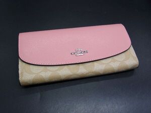 ■美品■ COACH コーチ シグネチャー レザー 二つ折り 長財布 ウォレット 札入れ 小銭入れ ベージュ系×ピンク系 DG7852