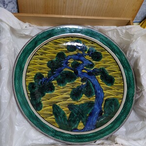 九谷　大皿　青九谷　角福銘　老松図　松樹図　飾り皿 古美術 骨董 骨董品 36×36×4.5cm