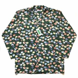 00s UNITED COLORS OF BENETTON ベネトン トマト柄 パジャマ シャツ 長袖 グリーン green size L 希少 総柄 開襟 胸ポケット オールド old