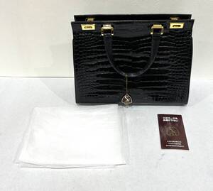 m-107★1円～ 中古品/現状品【JRA クロコダイルバッグ】◆JRA 認定 ハンドバッグ クロコダイル 光沢感 マチ広い ブラック 日本製品 袋付◆