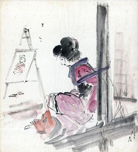 伊藤晴雨画稿「柱に縛られた女性」　彩色　紙　27×25　Seiu Ito