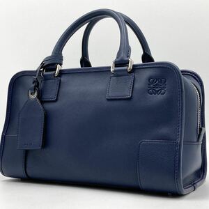 1円【極美品/現行】ロエベ LOEWE アマソナ28 ミニボストン ハンドバッグ トート アナグラム レザー 本革 ロゴ型押し ネイビー 紺