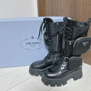 【PRADA】モノリス　ロングブーツ　36 レザー　編み上げ【23.5cm】