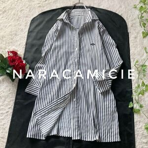 ナラカミーチェ　ストライプシャツワンピース　チュニック丈　コットン混　刺繍　2サイズ　NARACAMICIE