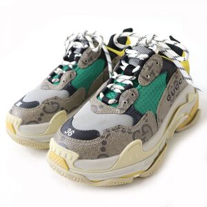 未使用品△グッチ×バレンシアガ 677193 ザ ハッカー プロジェクト GGスプリーム×ロゴ Triple S トリプルS スニーカー 36/24cm 緑×黄色