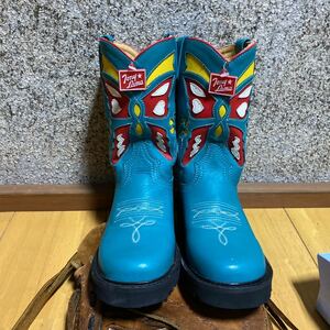 ジャンク　ウエスタンブーツ トニーラマ　ターコイズブルー　バタフライ　革　SIZE4レザーブーツ　水色　tony lama leather boots 花柄