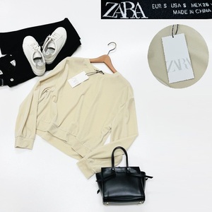 /S/ ZARA アイボリー ベロア長袖スウェット レディース タグ オフィスカジュアル トップス通勤フェミニン大人可愛いデイリー ザラ