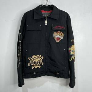 ☆送料無料☆ED HARDY☆エドハーディー☆４つポケジップジャケット☆スカル☆タトゥー柄☆刺繍☆ワッペン☆バイカー☆黒☆S☆J22