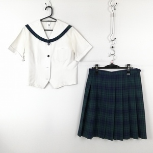 1円 セーラー服 チェックスカート 上下2点セット 指定 LL 大きいサイズ トンボ 夏物 柄1本線 女子 中学 高校 白 中古 ランクC EY5337