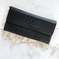 CHANEL シャネル キャビアスキン レザー 長財布 黒 フラップ ココマーク