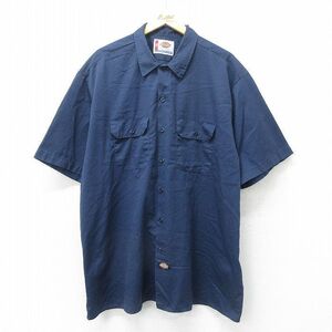 XL/古着 ディッキーズ Dickies 半袖 ワーク シャツ メンズ 大きいサイズ ロング丈 紺 ネイビー 24jun13 中古 トップス