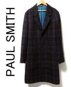 極美品 22AW PS PAUL SMITH ポールスミス クラシックチェック チェスターコート ロングコート L 紺×黒×赤