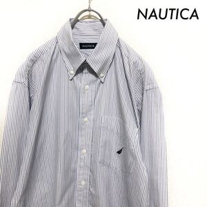 【送料無料】NAUTICA ノーティカ★ストライプ柄 長袖シャツ ワンポイント刺繍 白×青