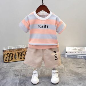 ♪ｍineka♪男の子半袖Tシャツ+ショートパンツ2点セット　ボーダー　子供服　キッズシャツ　英字　綿製　普段着　120CM　211665/6T