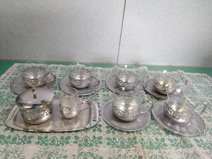 ● 銀 鍍金 仕上 JAPAN SILVER HAND FINISHED SILVER PLATED カップ＆ソーサー ガラス シュガー ミルク ポット 9点セット 中古 ④