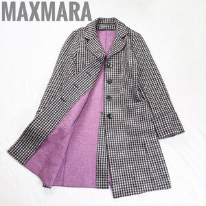 【極美品】MaxMara マックスマーラ 千鳥柄 ダブルフェイス リバーコート Aライン ヴァージンウール ピンク 40 L