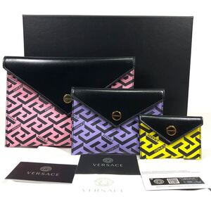 未使用品【ヴェルサーチェ】基準内 VERSACE グレカ模様 セカンドバッグ 3点セット ポーチ クラッチバッグ レザー メンズ レディース 伊製