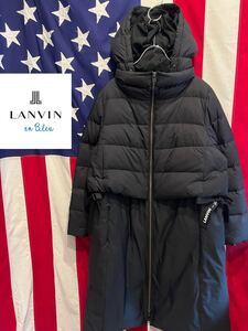 ★LANVIN en Bleu★ランバンオンブルー★フード着脱可能★ダウンコート★レイヤードデザイン★ロゴリボン★ブラック★黒★38★Mサイズ相当