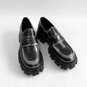 27.5cm PRADA プラダ モノリスブラッシュドレザー ローファー MONOLITH BRUSHED LEATHER LOAFERS 22AW 新品 ブラック/シルバー 靴 8 1/2