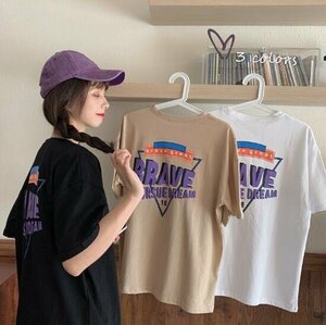 半袖トップス 半袖Tシャツ レーディス コットン カジュアル ストリート ダンス かわいい L ベージュ