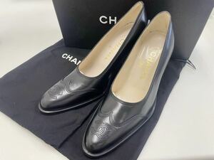 CHANEL シャネル ココマーク ヴィンテージ ウイングチップチャンキーヒール パンプス ブラック 黒 サイズ36C レディース 極美品