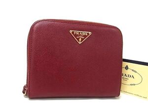 1円 ■極美品■ PRADA プラダ サフィアーノレザー 二つ折り 財布 ウォレット 札入れ 小銭入れ レディース レッド系 FH2244