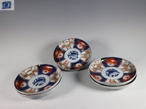 【杜】　伊万里　色絵　割絵菊図　五寸皿　5客　AS5574