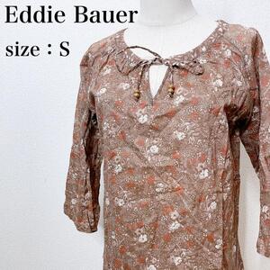 Eddie Bauer エディーバウアー カジュアル フラワープリント フェミニン 七分袖花柄ブラウス スキッパー 大人女子 シンプル ブラウン み33