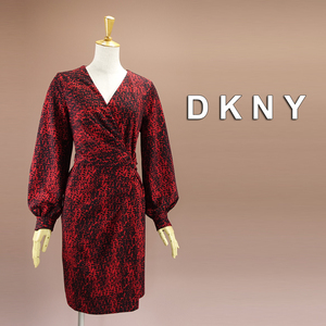 新品 DKNY 16/21号 ダナキャラン 黒 赤 ワンピース パーティドレス 大きいサイズ 長袖 結婚式 二次会 披露宴 フォーマル 謝恩会 葵28X0504