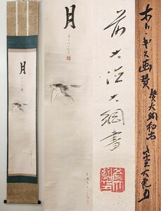 ＜茶掛＞ 大徳寺 435世 【大綱宗彦 賛】【岡本俊彦 画】『月一字 ホトトギス図 画賛』 紙本 立花大亀識箱 真筆保証 掛軸 墨蹟