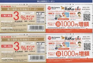 【2025/2/28まで】ビックカメラ 株主限定特別優待クーポン3%ポイントアップ×2+ラクウル RaKu-uru 1000円買取増額券×2