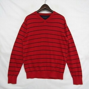 サイズ M トミー ヒルフィガー ニット セーター 長袖 ボーダー Vネック コットン レッド TOMMY HILFIGER 古着 1S0452